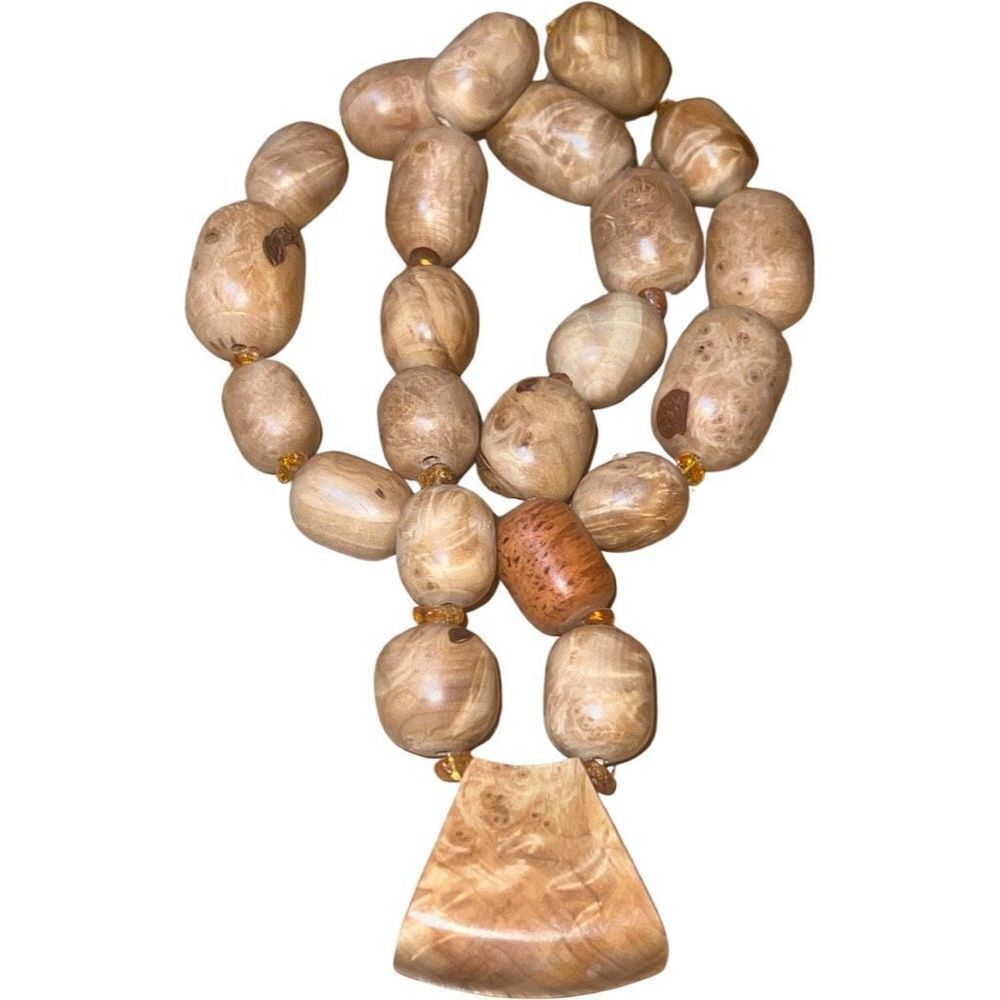 Vintage Authentic Amber Beads & Large Polished Oak Wood Bead Necklace